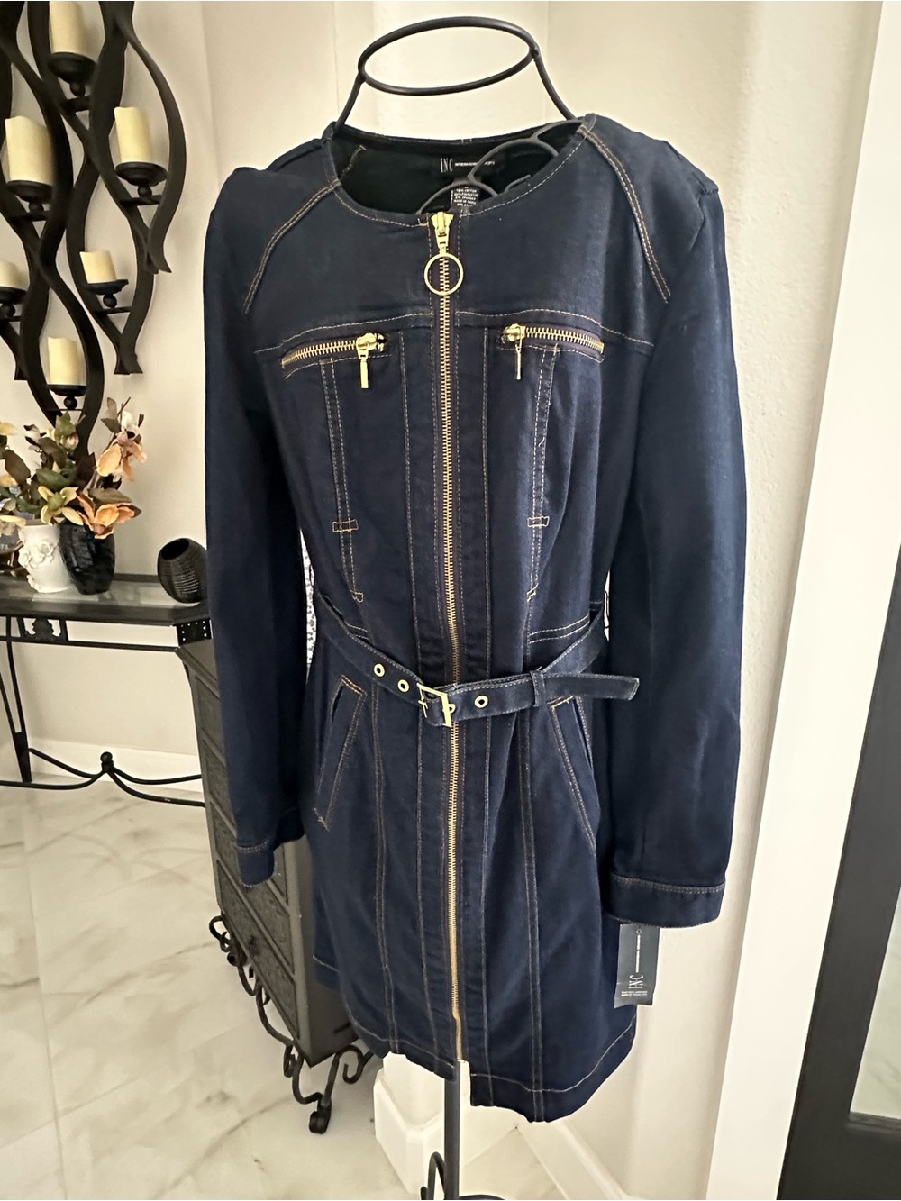 Women’s Navy Zip-Front Belted Coat